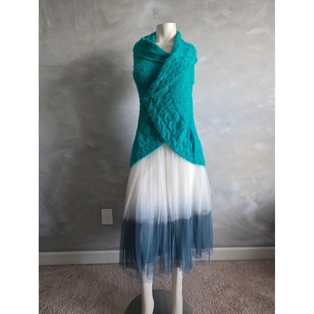 Anthropologie Bailey 44 Dipped Tulle Full Midi Skirt in White & Blue Green Sz S